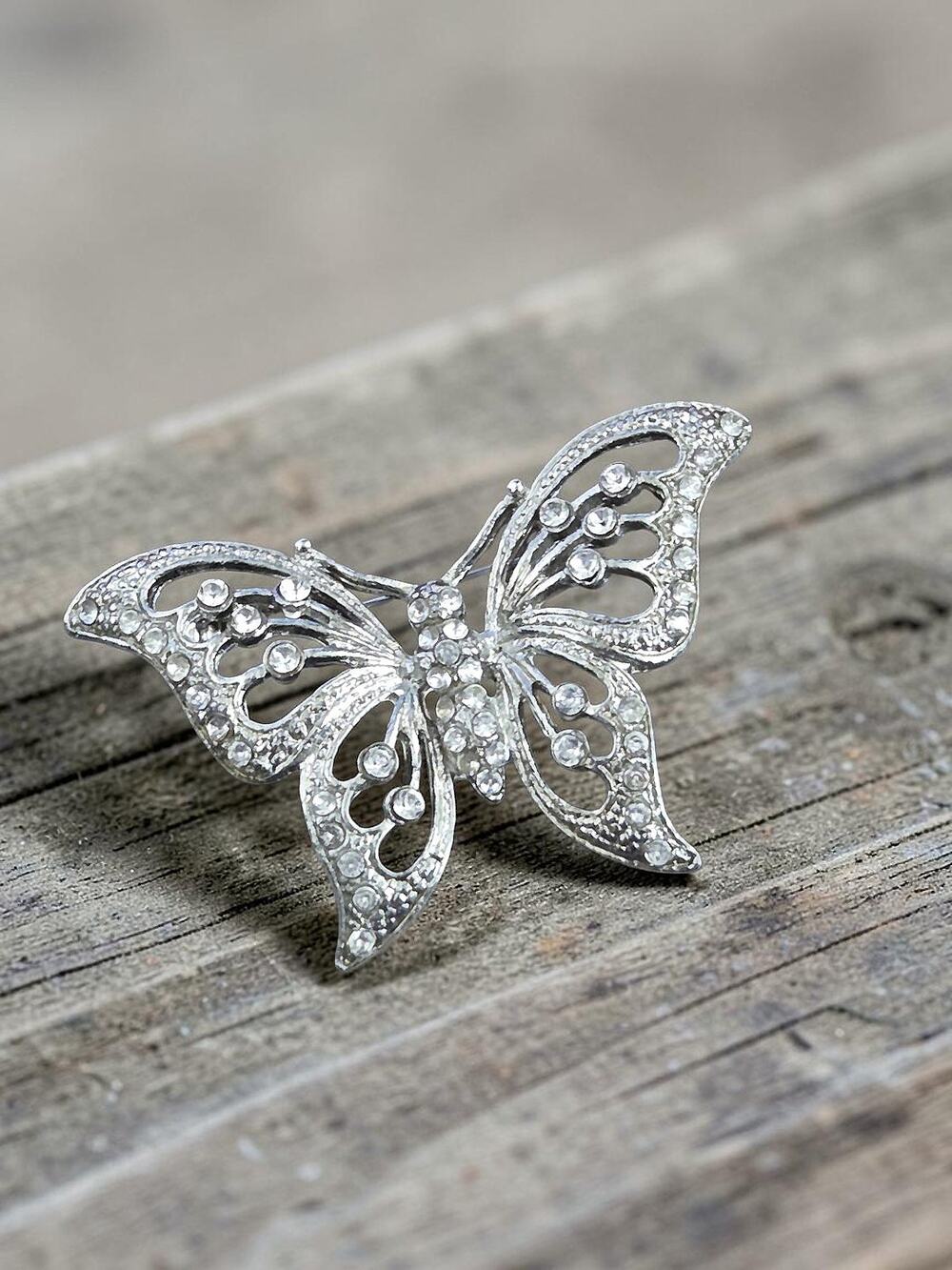 Silver Metal With Rhinestones Butterfly Brooch Pin